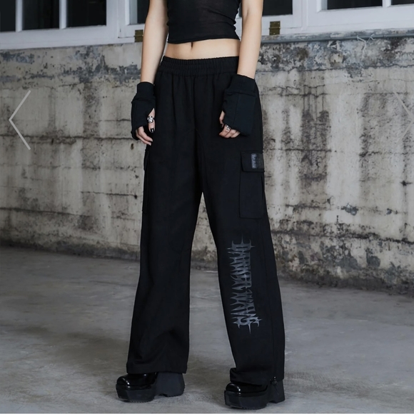 Dolls Kill Pants - Darker WAVS Kick Down Black Cargo Pants